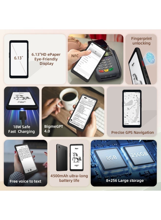 Bigme Hibreak pro black 6'' epaper 4G/5G Android 14 eink reader with 4G/5G Connectivity 8+256GB storage with NFC and fast charging face recognition mini ebook reader with 4G/5G connectivity and dual adjustable front light - Image 2